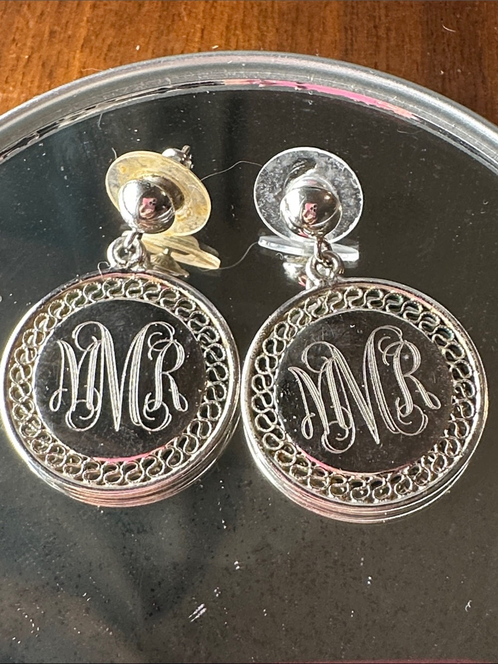 Vintage Monogram “MMR”Round Drop Earrings in Silver